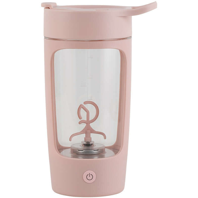 Pink portable blender with clear container and power button for kitchen use