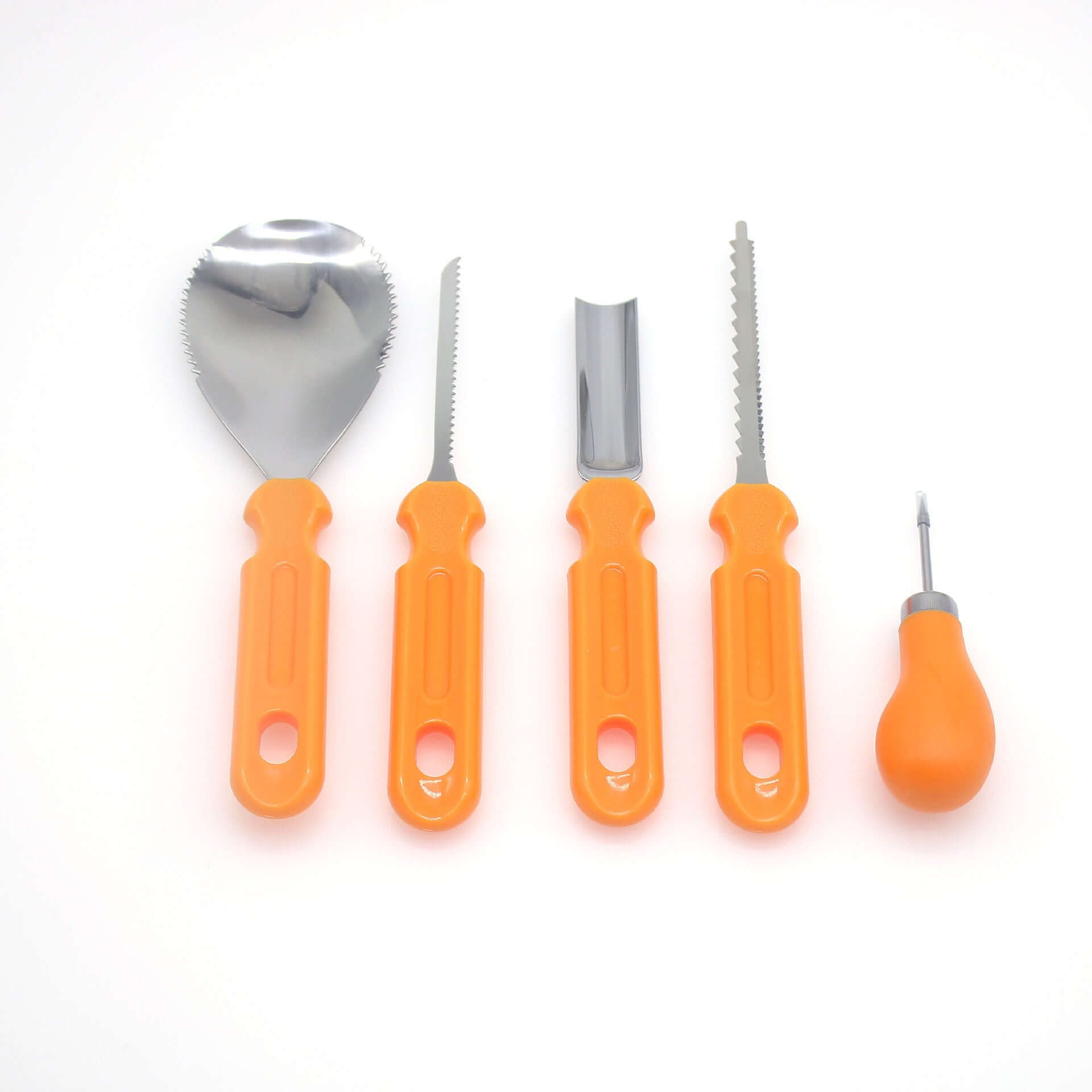 Pumpkin carving tools set with orange handles on white background