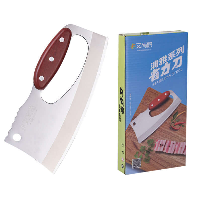 Stainless steel kitchen cleaver with red handle and packaging box for kitchen use
