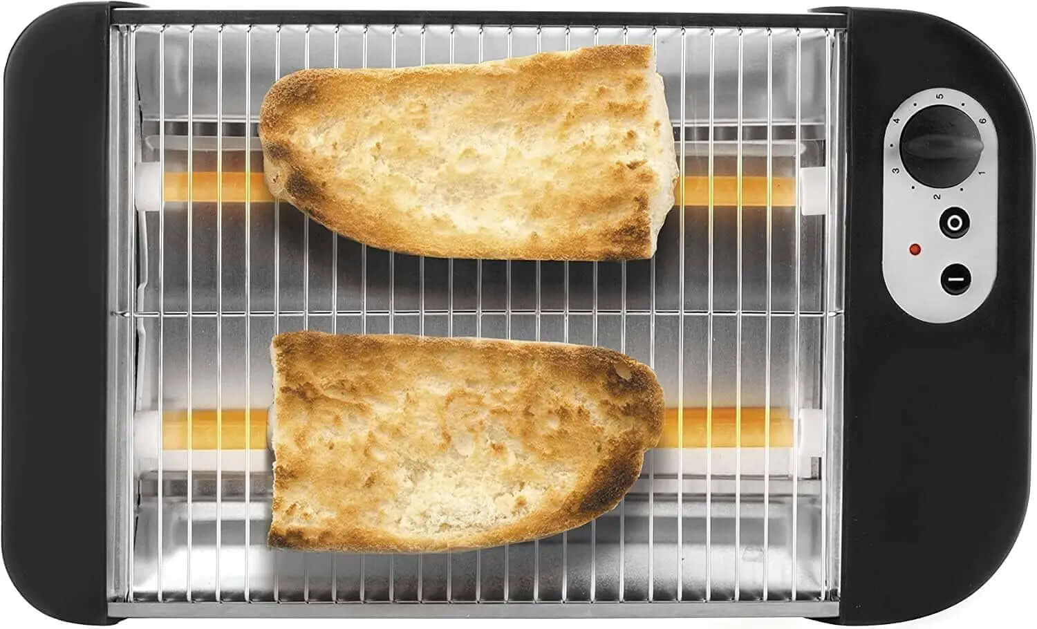 Overhead view of an electric toaster oven with two slices of toasted bread on the rack
