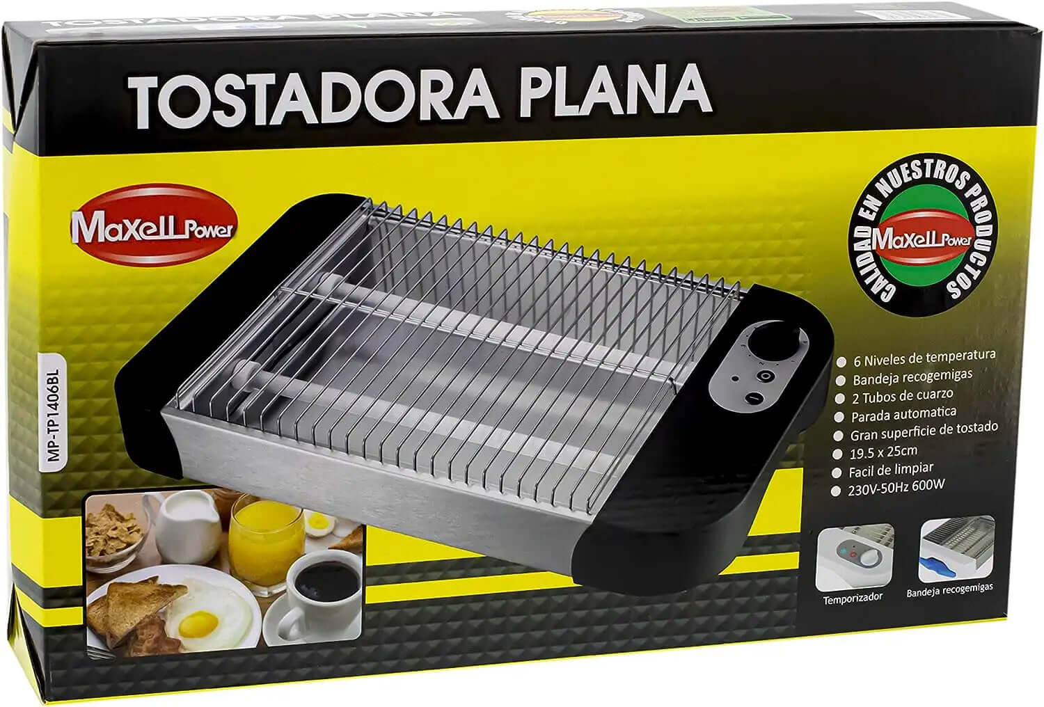 Flat toaster appliance with adjustable temperature, crumb tray, and stainless steel rack in packaging
