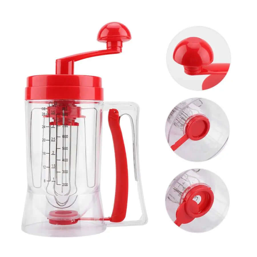 Clear and red manual hand mixer with measurement markings and ergonomic handle for kitchen use
