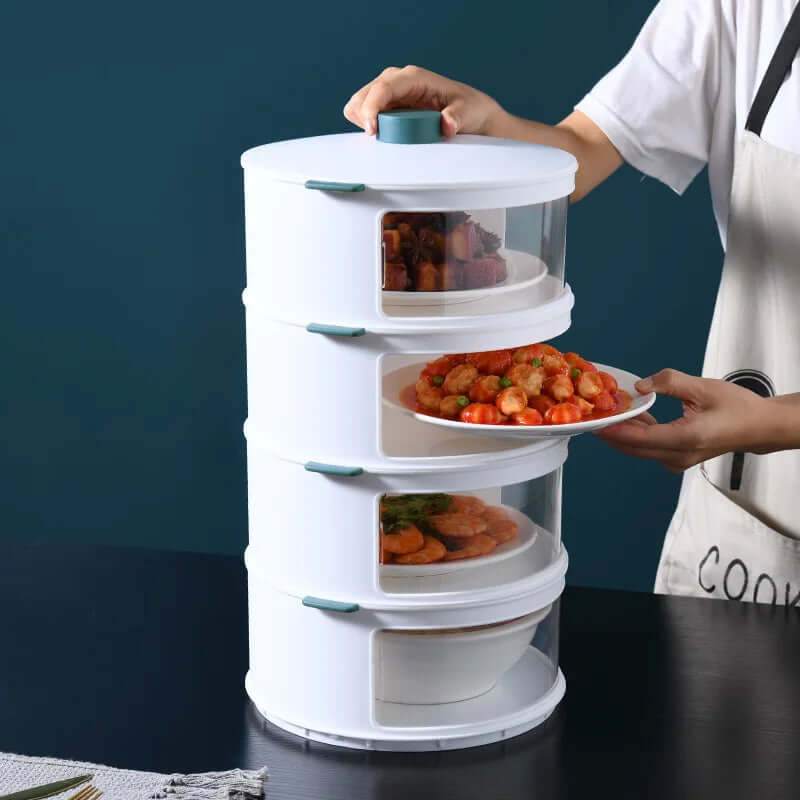 Stackable food storage organizer with multiple trays for kitchen countertop