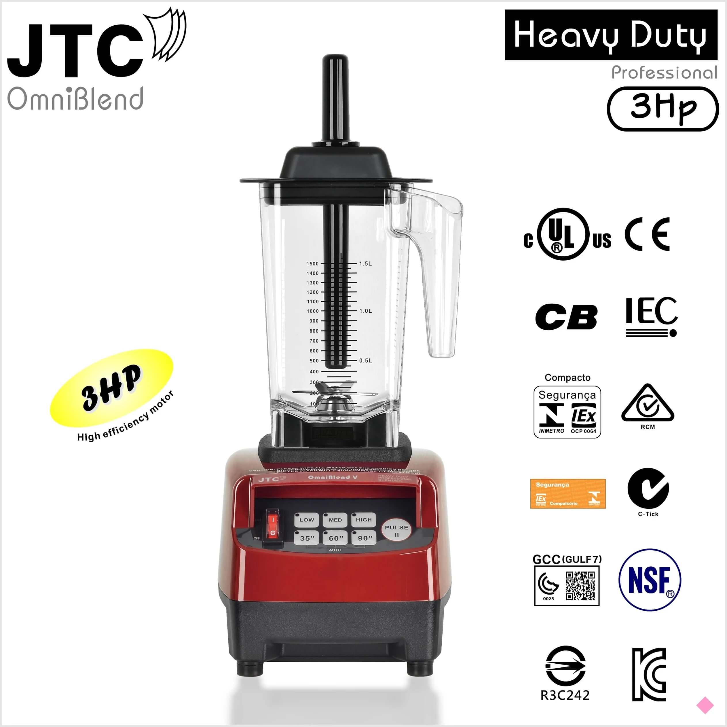 Red JTC OmniBlend heavy duty 3HP professional kitchen blender with various certification logos.