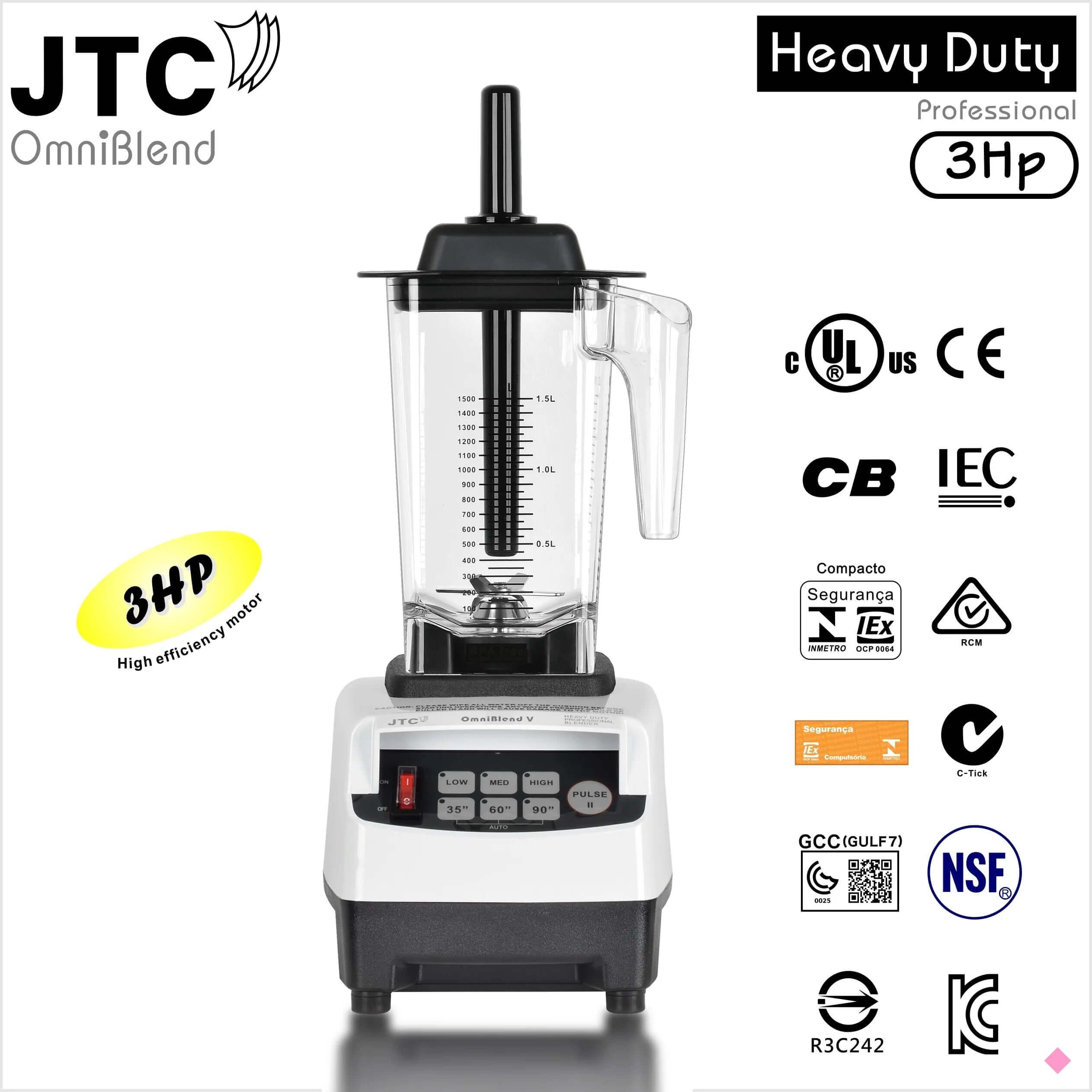 JTC OmniBlend professional heavy duty 3HP kitchen blender with clear pitcher and control panel, certification logos visible.