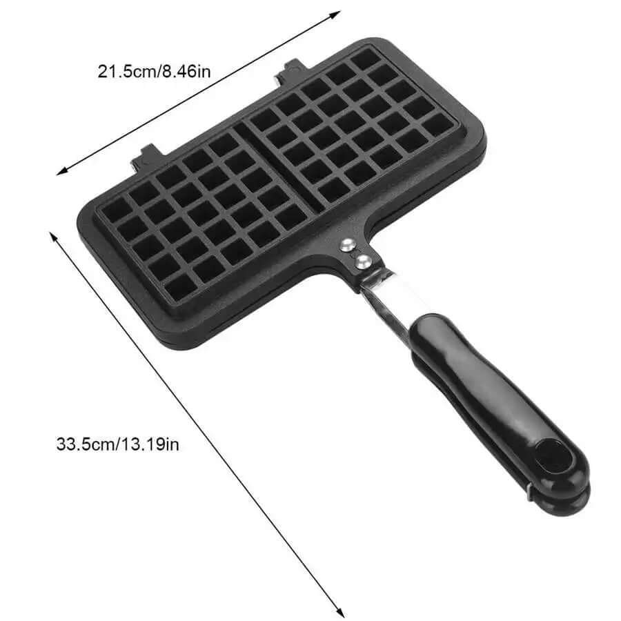 Non-stick stovetop waffle maker with black handle, showing size dimensions