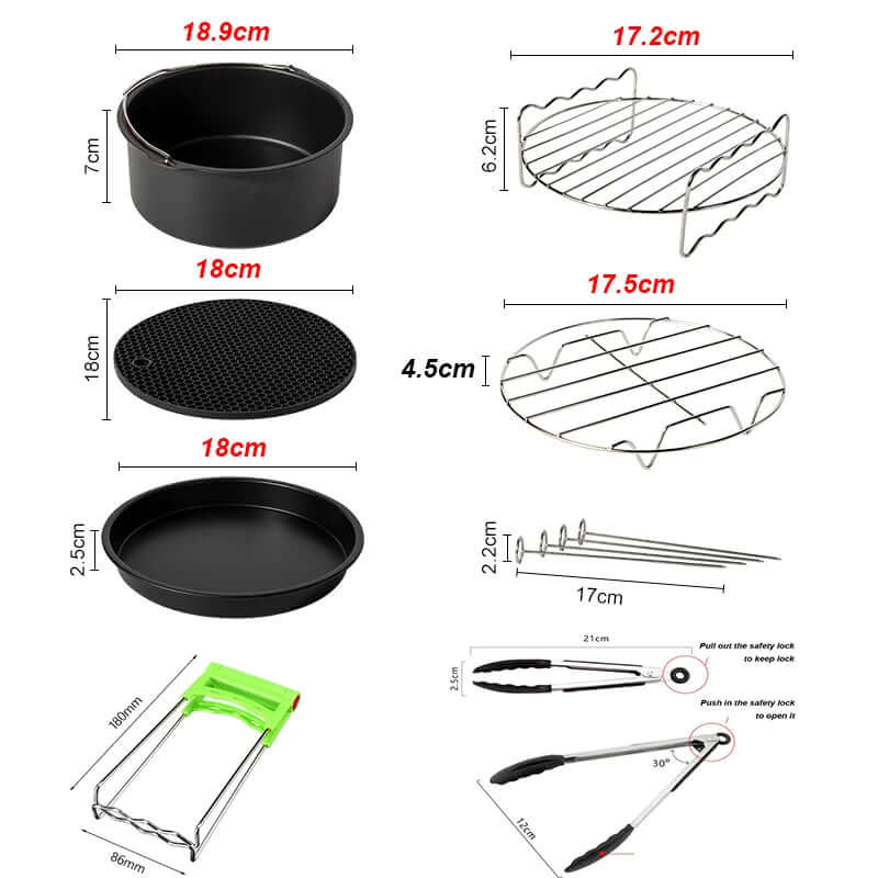 Air fryer accessory set with cake pan, racks, tongs, silicone mat, skewers, and lifter, labeled with measurements.