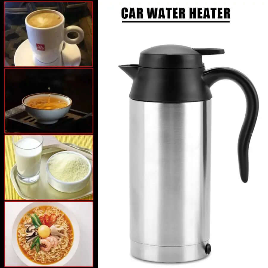 Stainless steel car water heater flask with black lid and handle, with images of hot drinks, soup, milk, and noodles.