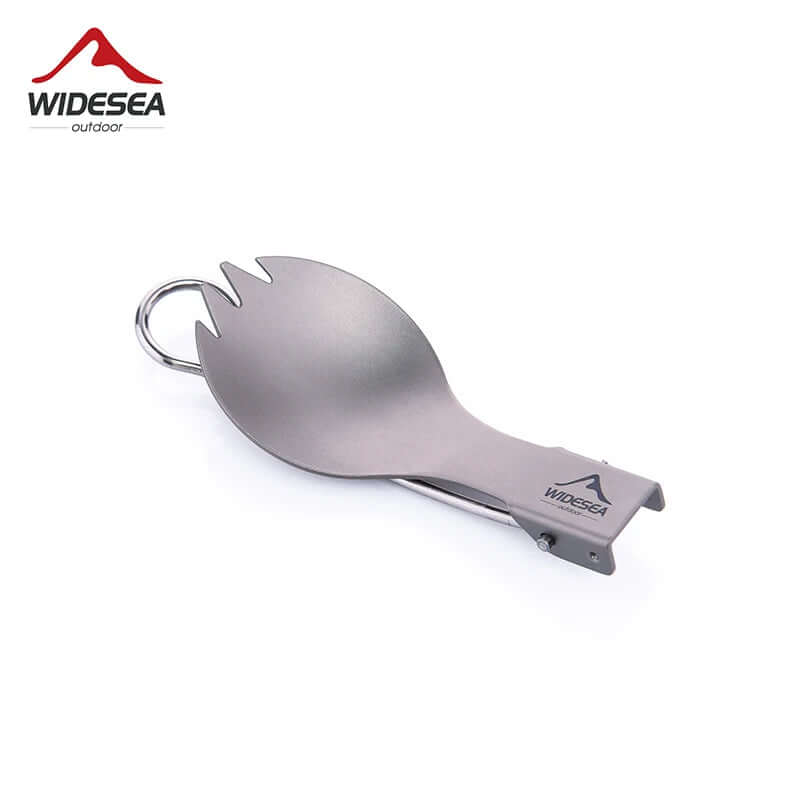 Titanium foldable spork utensil with carabiner for camping or outdoor kitchen use