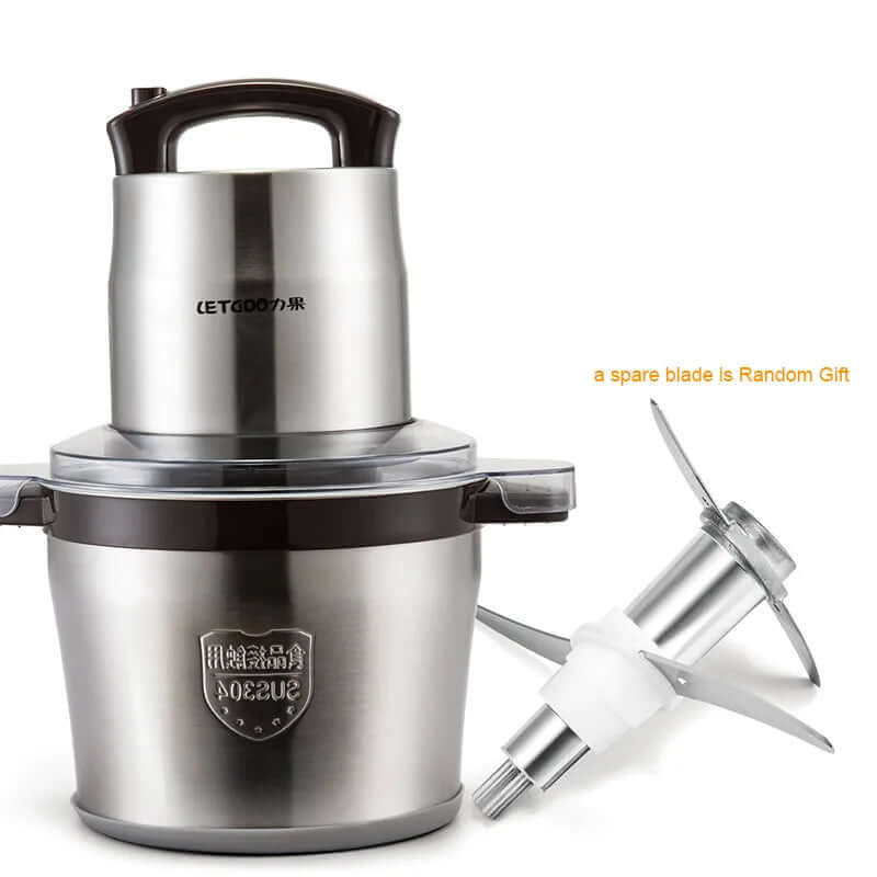 Stainless steel electric food chopper with handle and spare blade for kitchen use