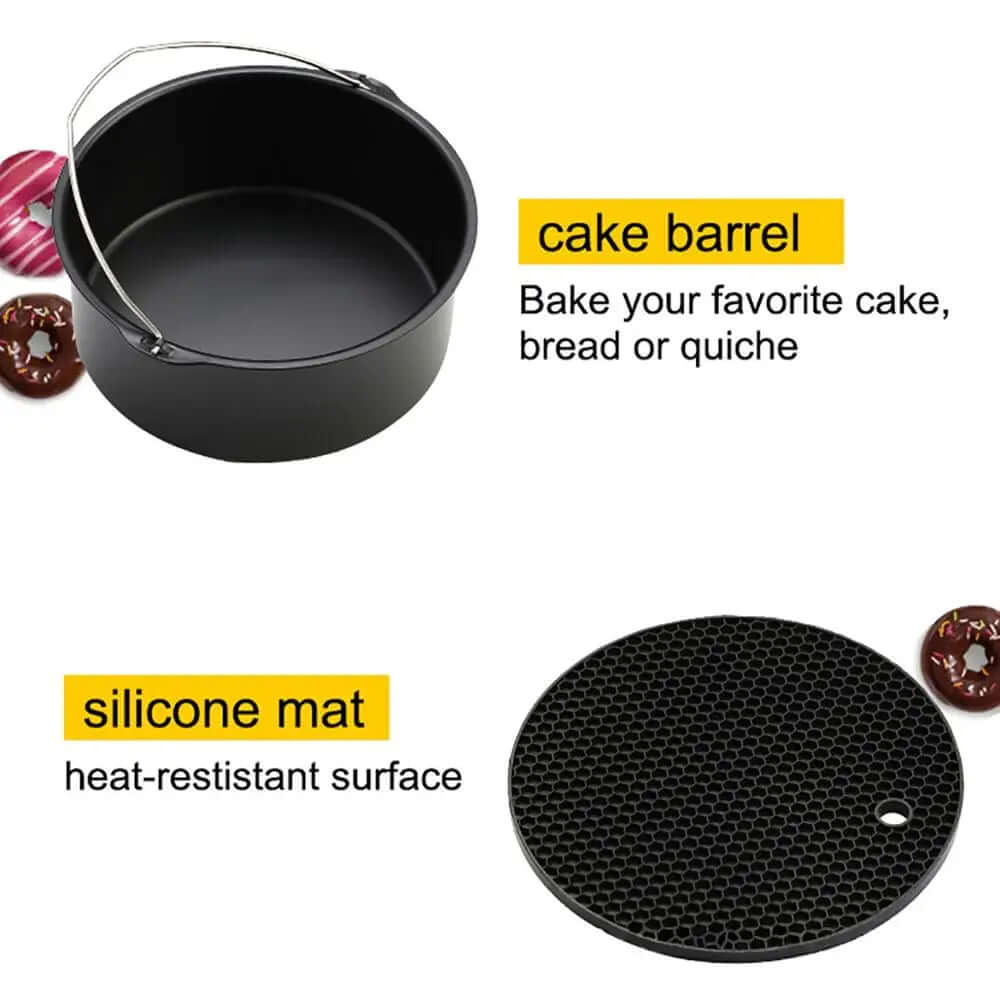 Non-stick cake barrel with handle and black silicone heat-resistant mat for baking and kitchen use.