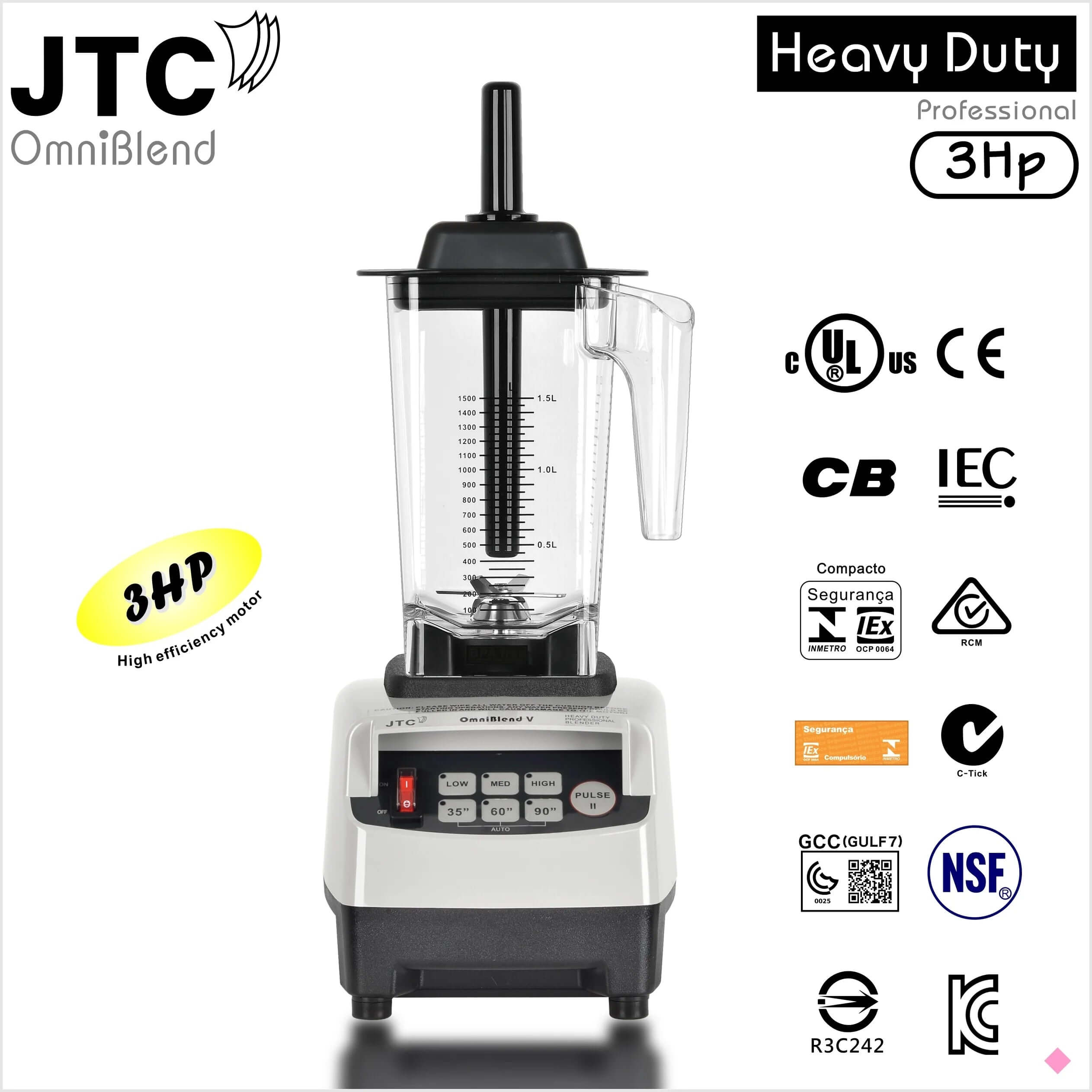 Heavy duty JTC OmniBlend professional 3HP countertop blender with control panel, safety and certification logos, kitchen appliance