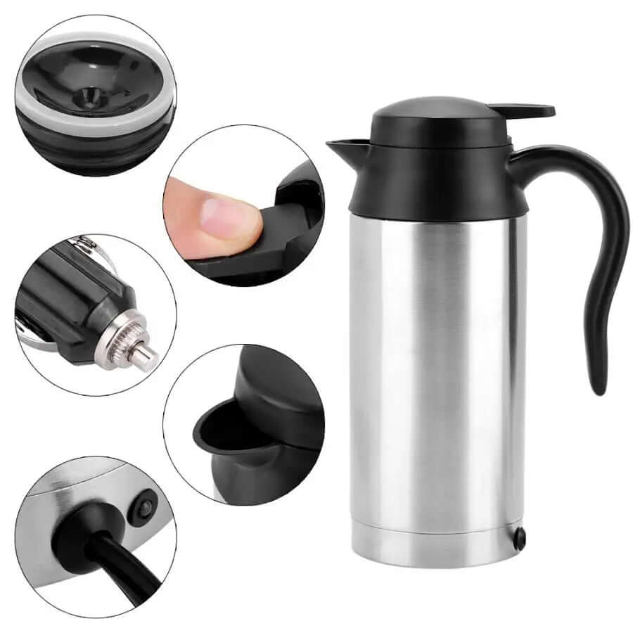 Stainless steel electric travel kettle with black handle and lid, detailed close-ups of spout, power port, and button