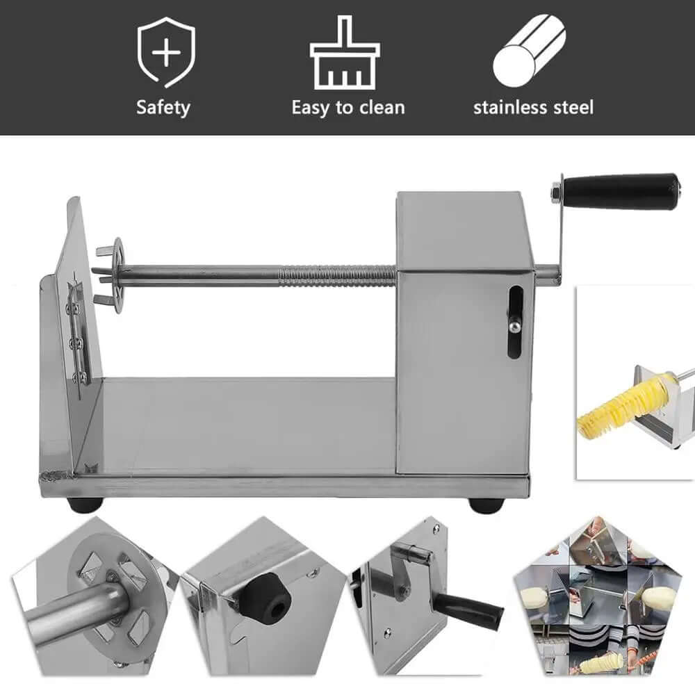 Stainless steel spiral potato slicer machine with hand crank and safety features, kitchen tool