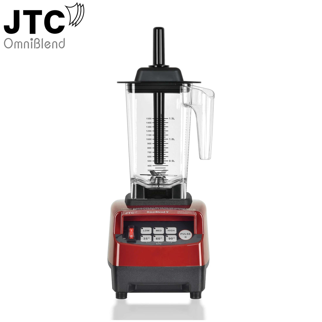 Red countertop blender with clear jug, measurement markings, and push-button controls