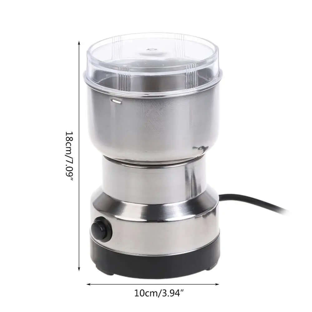 Stainless steel electric spice grinder with lid, compact design, 18cm tall, 10cm wide.