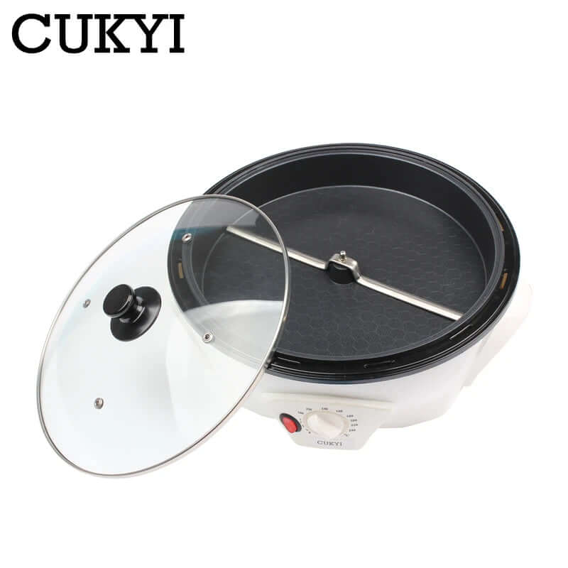 Electric hot pot with non-stick surface, glass lid, and temperature control knob