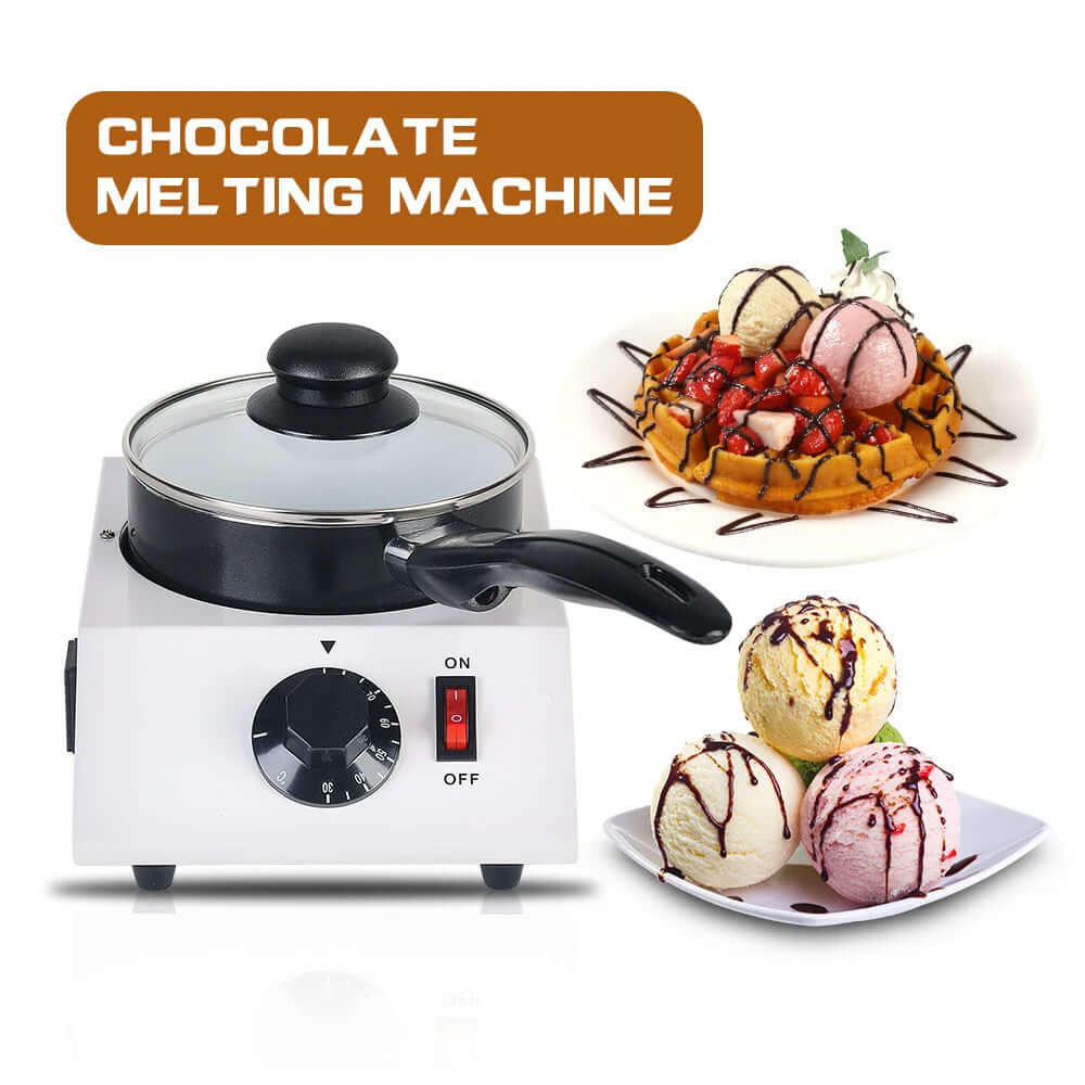 Electric chocolate melting machine with control dial, surrounded by ice cream and waffles with chocolate drizzle.