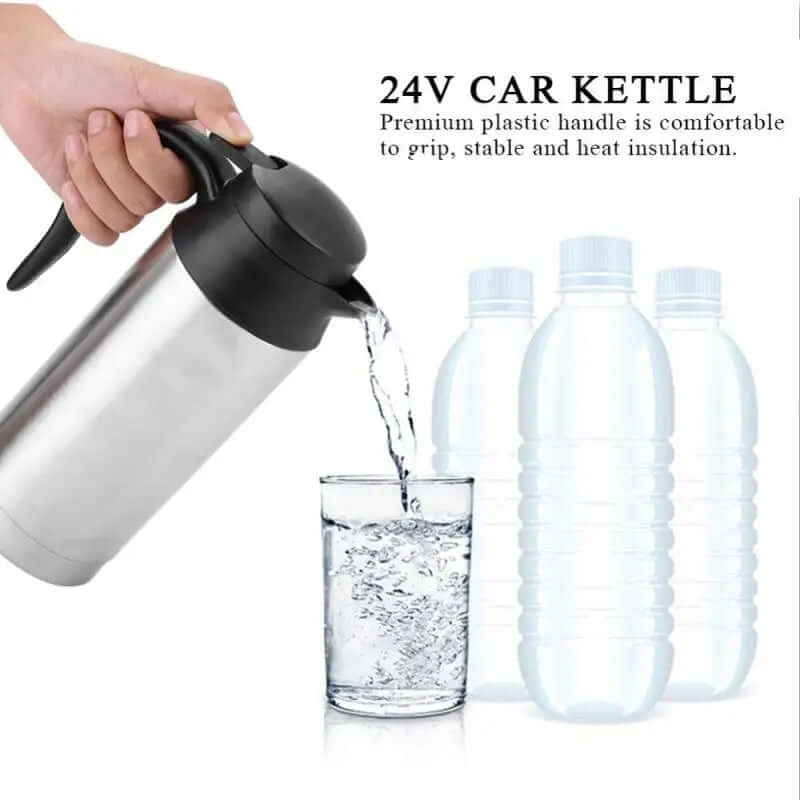 Hand pouring water from stainless steel car kettle into glass, with plastic bottles in background