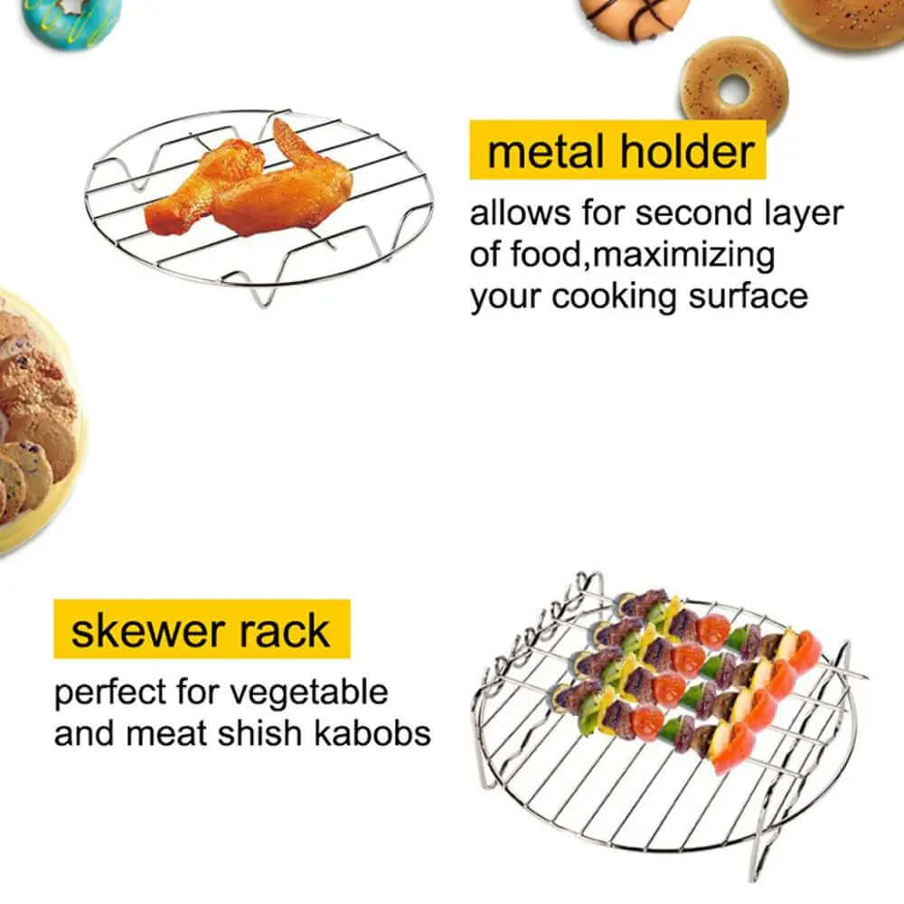 Metal holder rack with chicken and skewer rack with grilled kebabs, kitchen accessories