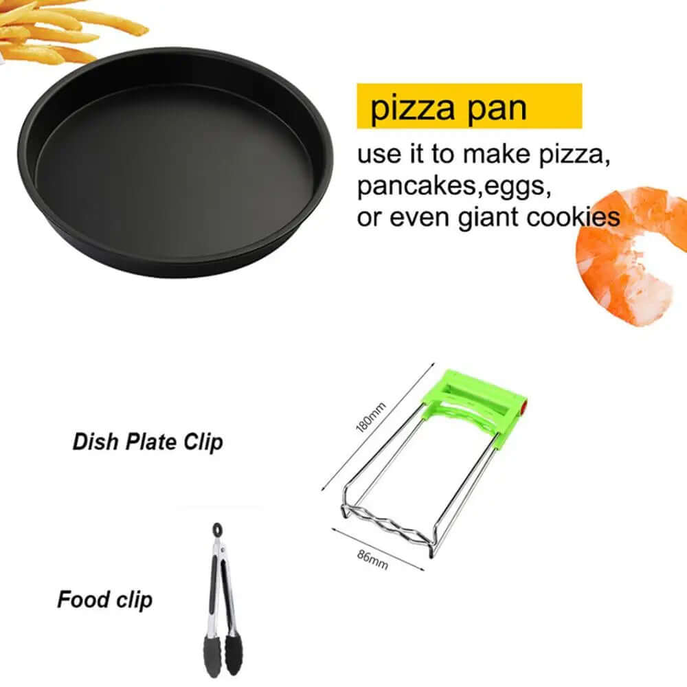 Non-stick pizza pan, green dish plate clip, and food tongs kitchen accessories set