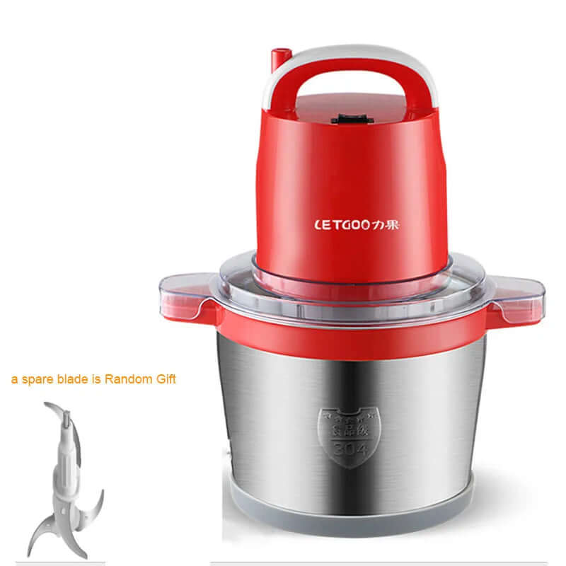 Red and silver electric food chopper with stainless steel bowl and spare blade attachment