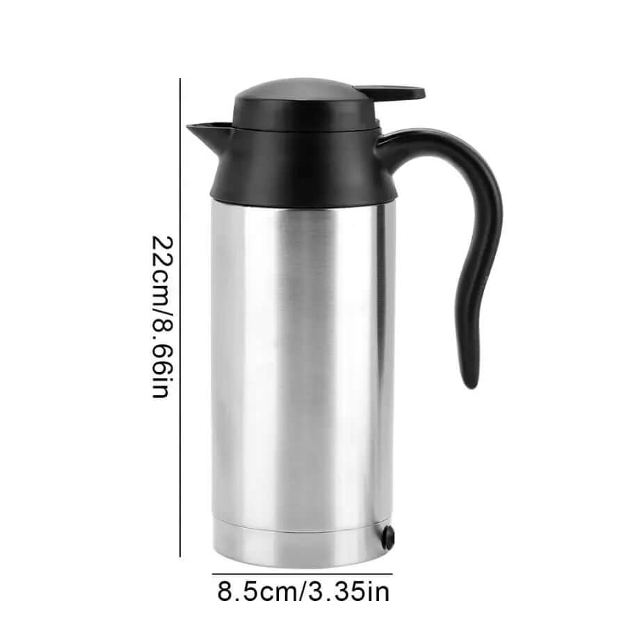 Stainless steel thermal coffee carafe with black handle and spout, size 22cm x 8.5cm.