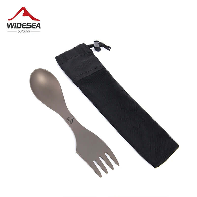 Titanium spork utensil with carrying pouch, ideal for camping or outdoor kitchen use