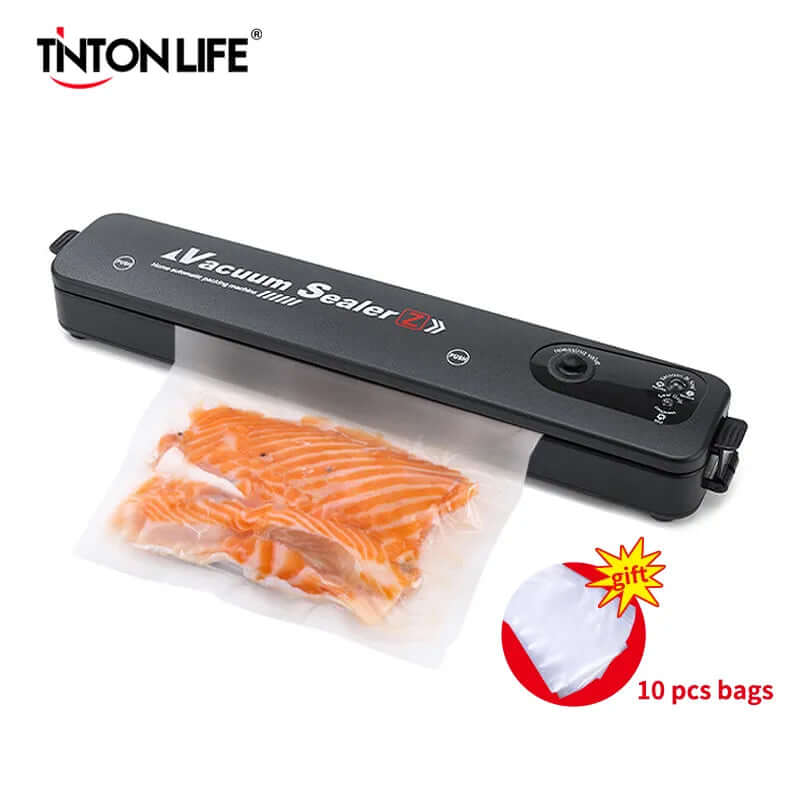 Vacuum sealer machine sealing a bag of salmon, includes 10 vacuum sealer bags.