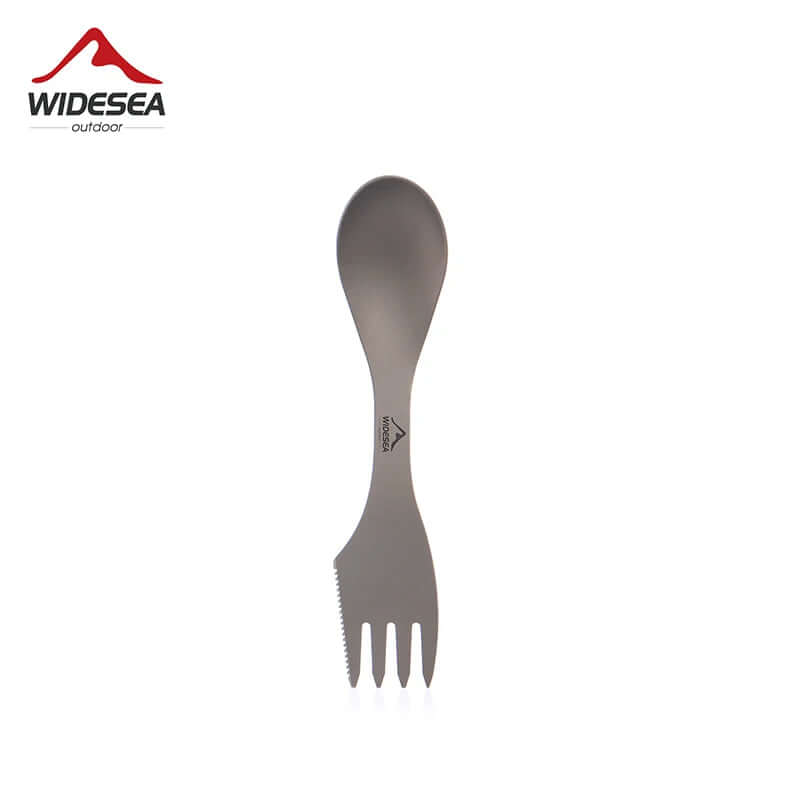 Titanium spork utensil with spoon and fork ends, ideal for camping or kitchen use