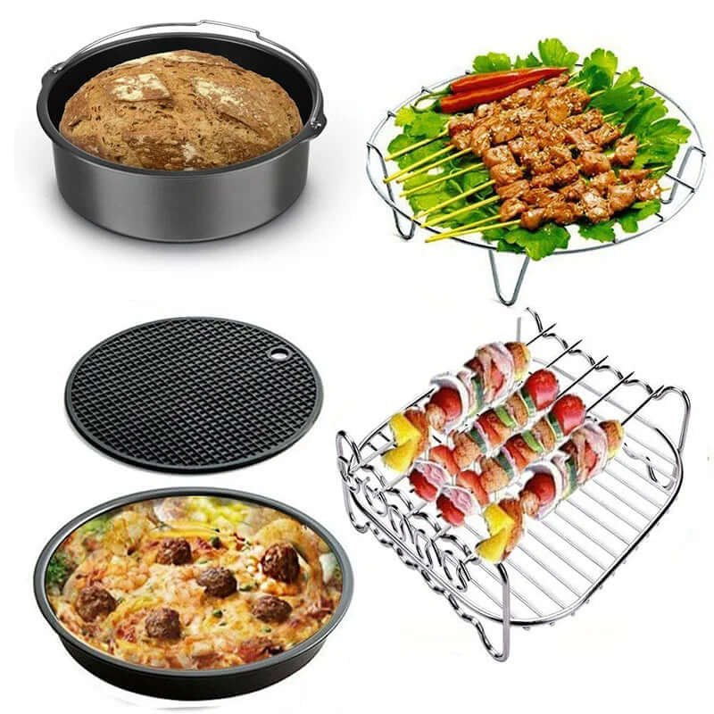 Kitchen accessory set with baking pans, silicone mat, and stainless steel grill racks for skewers