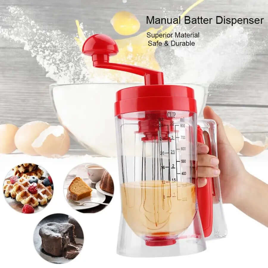 Manual batter dispenser with red lid, clear measuring cup, and hand grip, ideal for baking pancakes, waffles, and cakes.