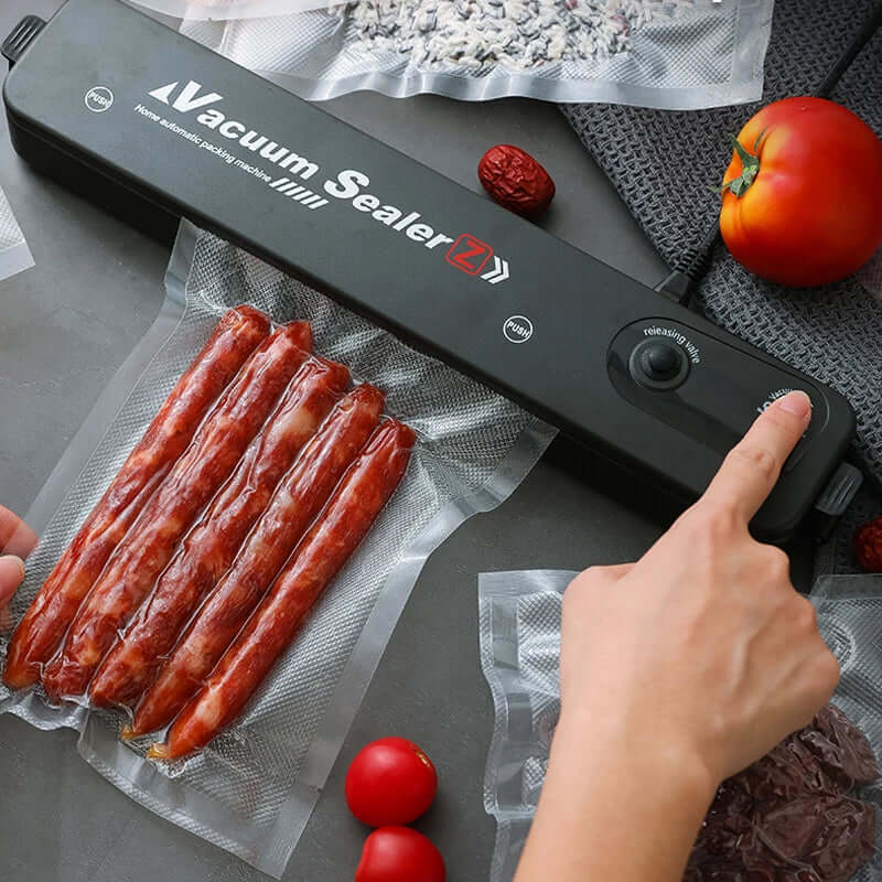 Vacuum sealer machine sealing sausage in plastic bag on kitchen counter with food items