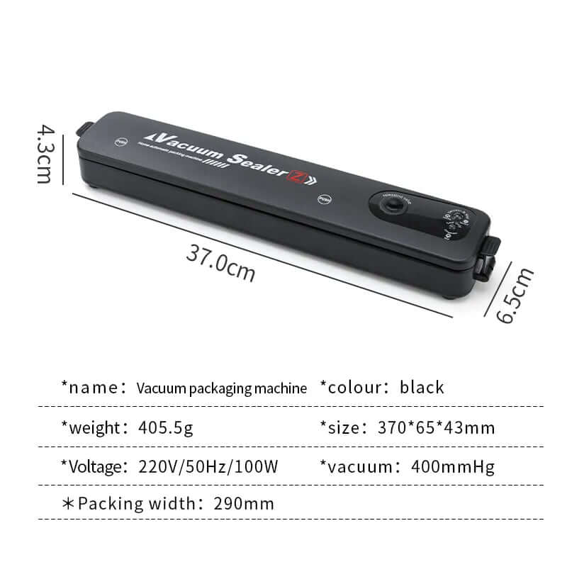 Black vacuum sealer kitchen appliance with control knob, dimensions and specs labeled.