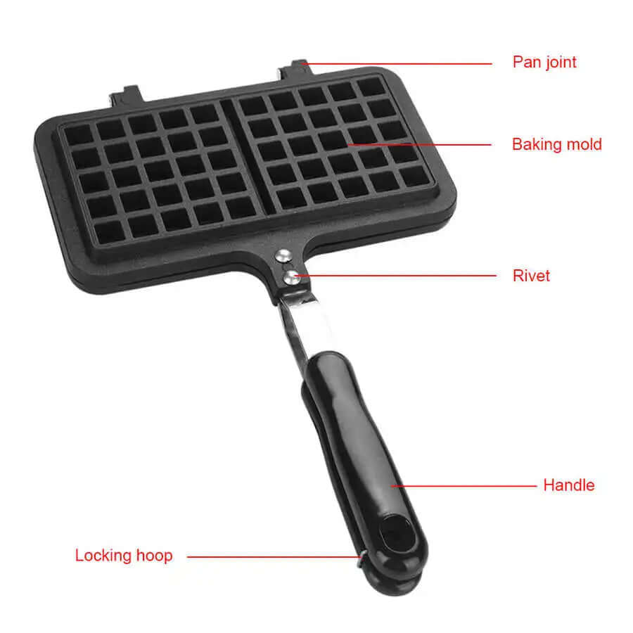 Nonstick stovetop waffle maker pan with labeled parts, black handle, baking mold, locking hoop