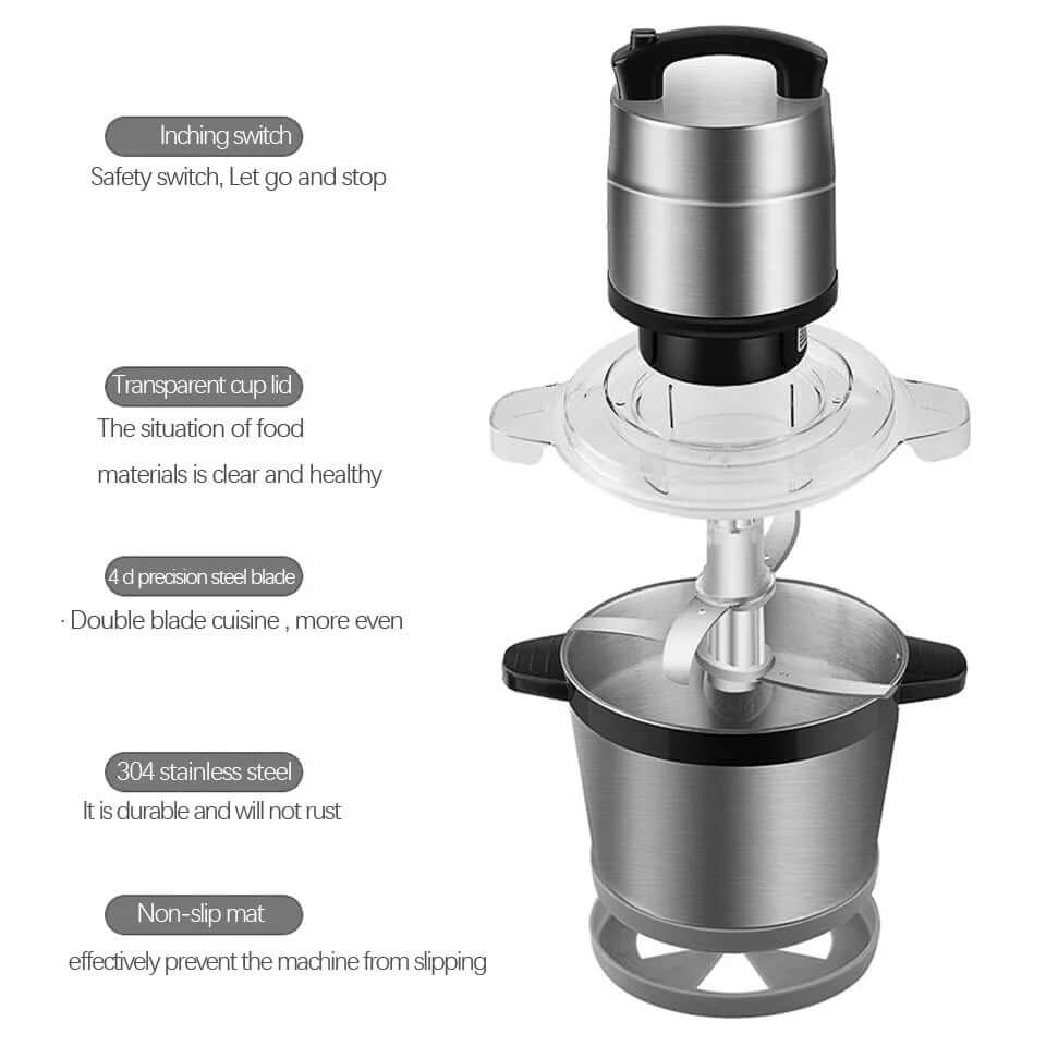 Stainless steel electric food chopper with precision steel blades, transparent cup lid, and non-slip mat.