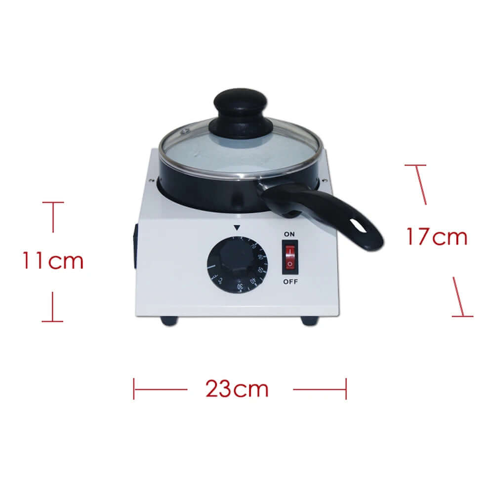 Compact electric hot plate with glass lid pot, timer control, and on/off switch, 23x17x11cm