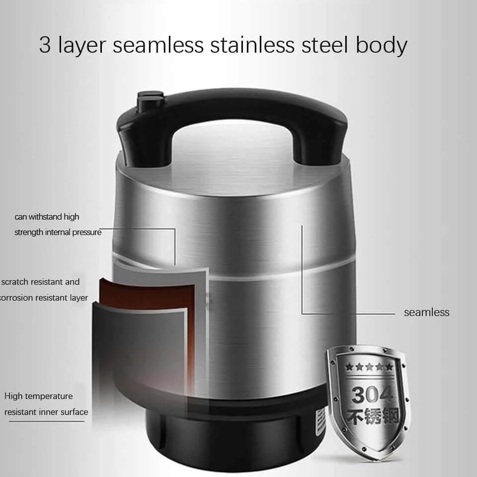 3-layer seamless stainless steel container with black handle and corrosion-resistant design