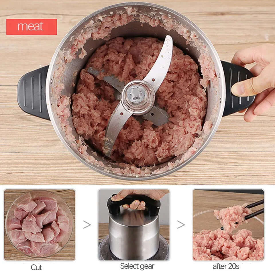 Electric meat grinder with chopped meat in stainless steel bowl and step-by-step process