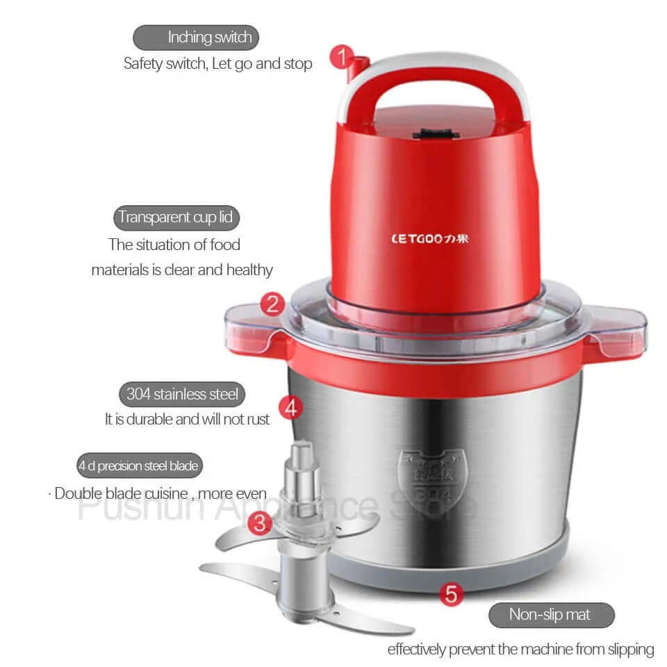 Stainless steel electric food chopper with red top, transparent lid, and double steel blades