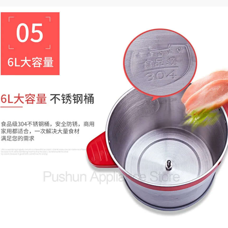6L stainless steel kitchen pot with red handle, food grade 304, large capacity cookware