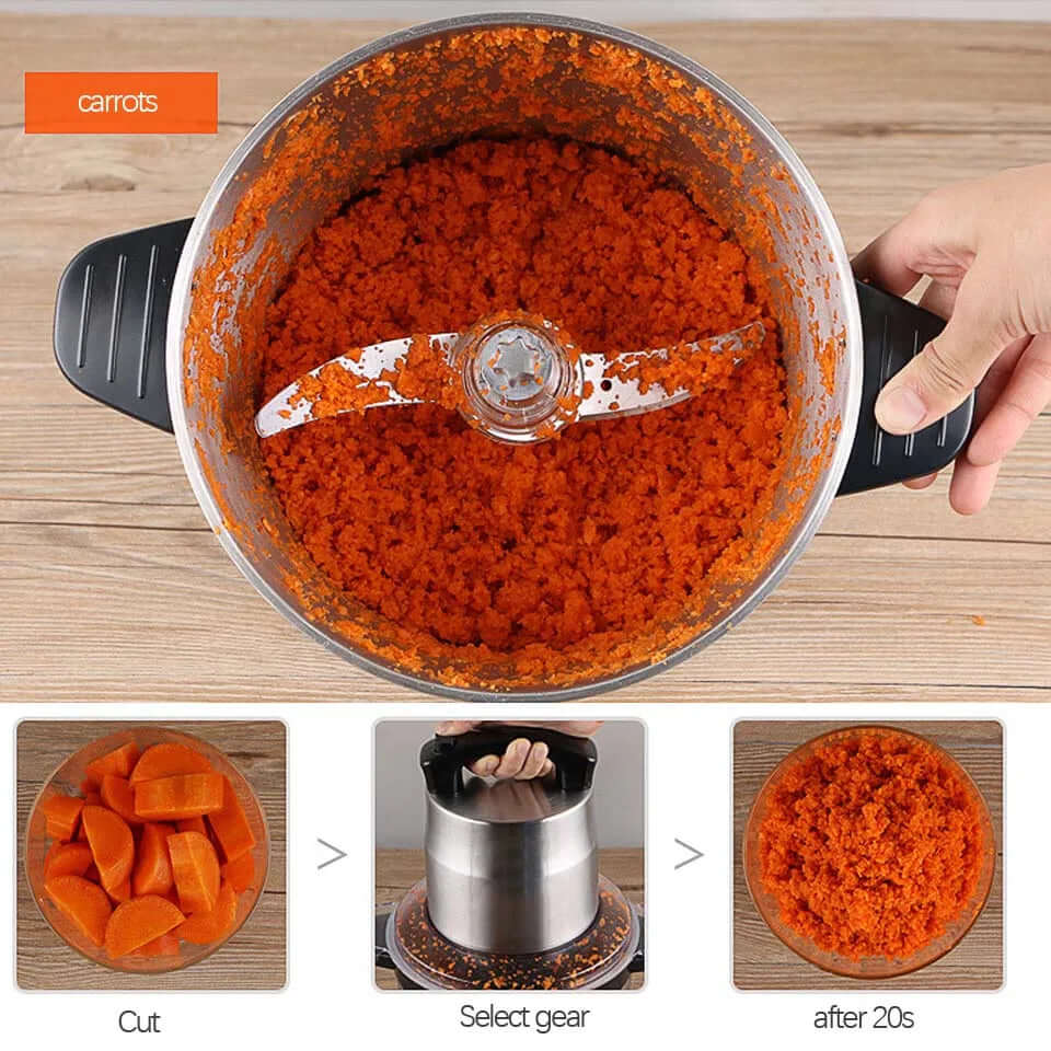Food processor chopping carrots, showing diced carrots and finely processed carrot pieces