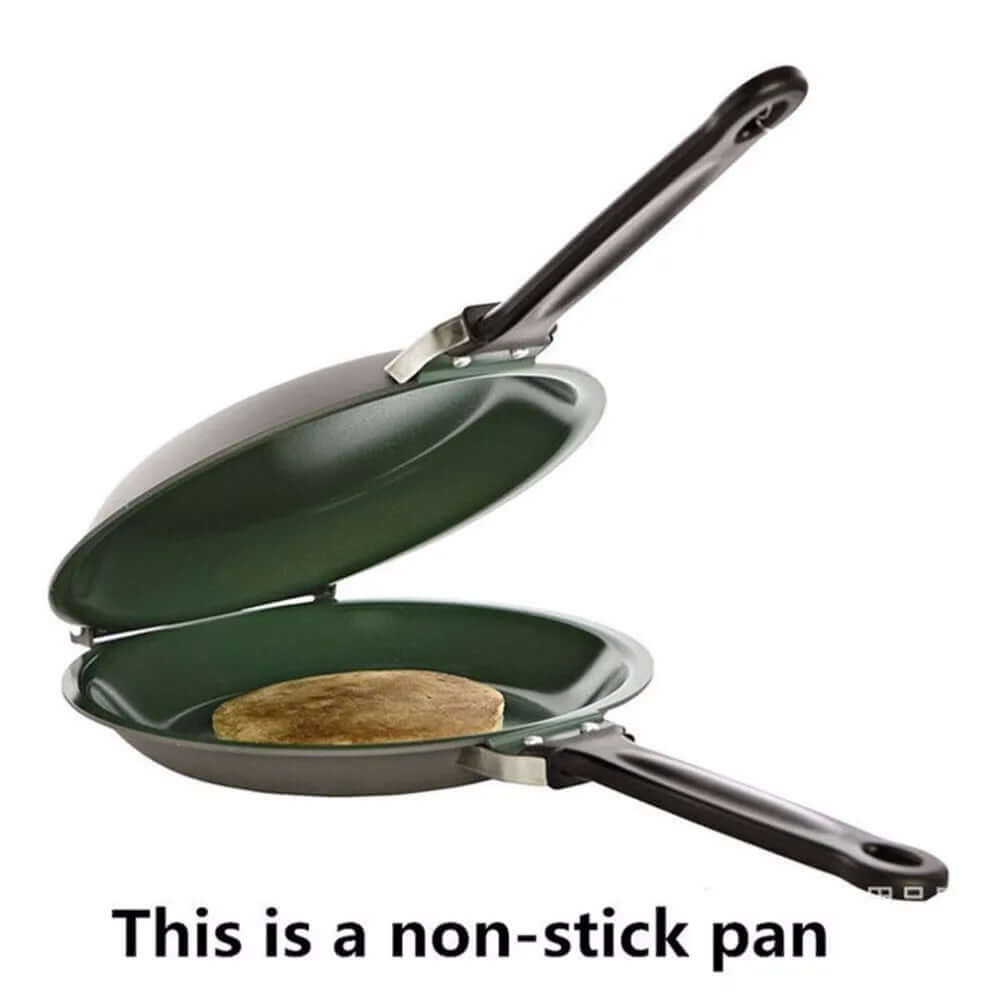 Double-sided non-stick frying pan with pancake inside, kitchen utensil accessory.