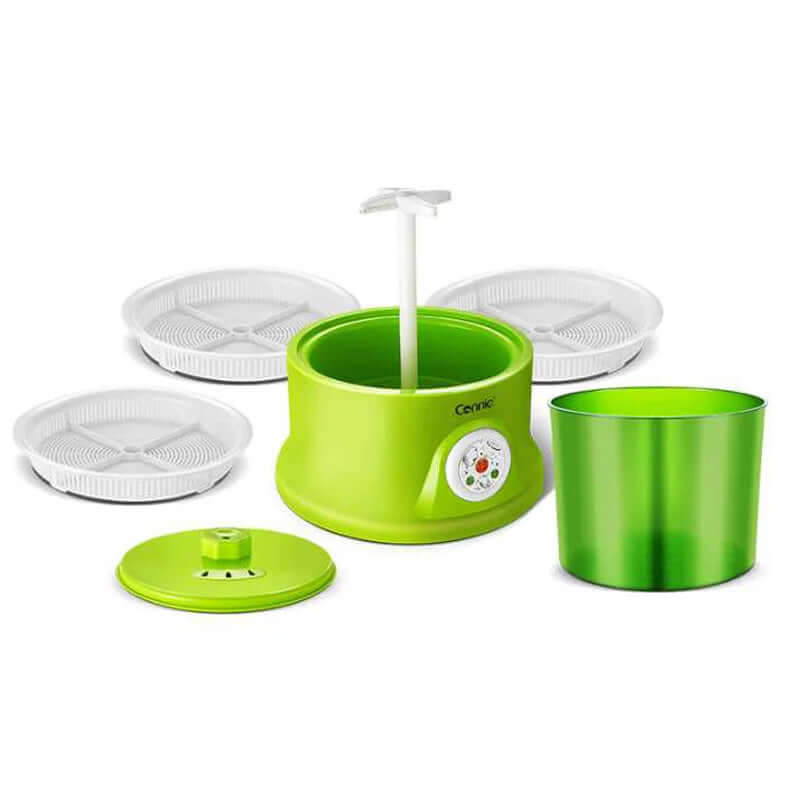 Green automatic yogurt maker with digital dial, three white trays, and detachable container