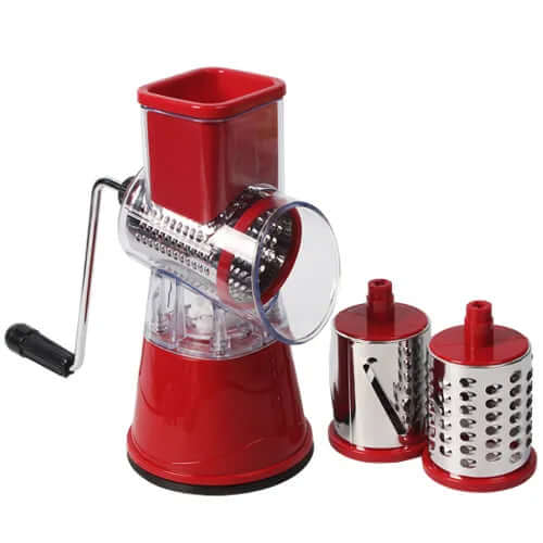 Red rotary cheese grater with three interchangeable stainless steel drum blades