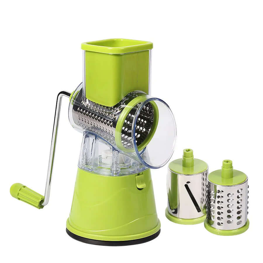 Green rotary cheese grater with three interchangeable stainless steel drums