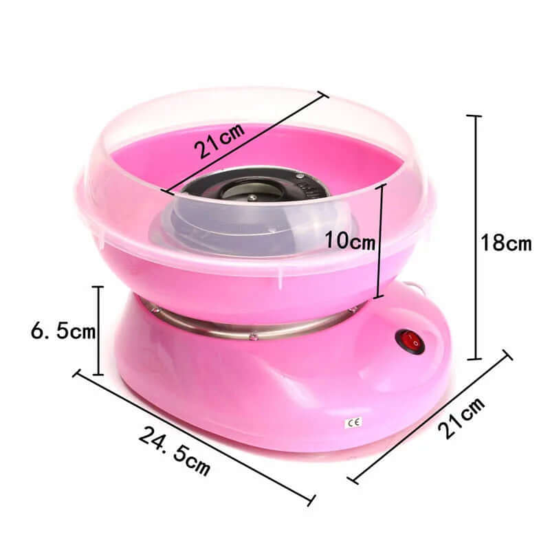 Pink countertop cotton candy machine with transparent lid, power switch, and size dimensions labeled