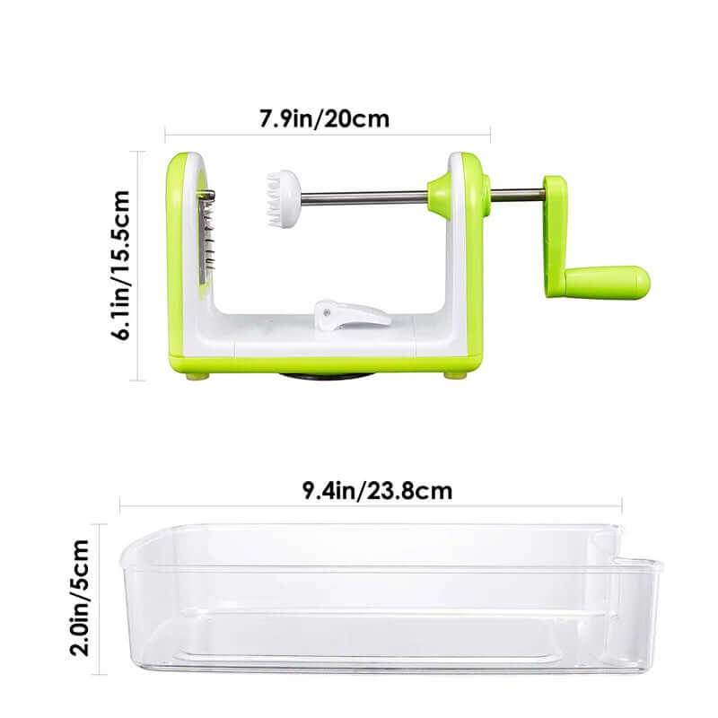 Green and white vegetable spiralizer with handle and clear container, product dimensions shown