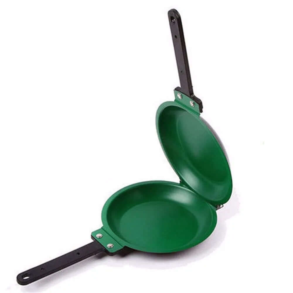 Green double-sided nonstick frying pan with black handles, open on white background