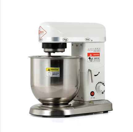 Electric stand mixer with stainless steel mixing bowl on a white background